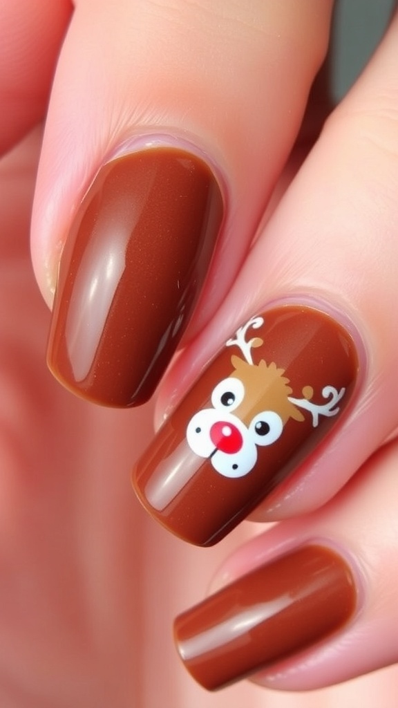 Christmas reindeer nail art with brown base, white eyes, and red nose.